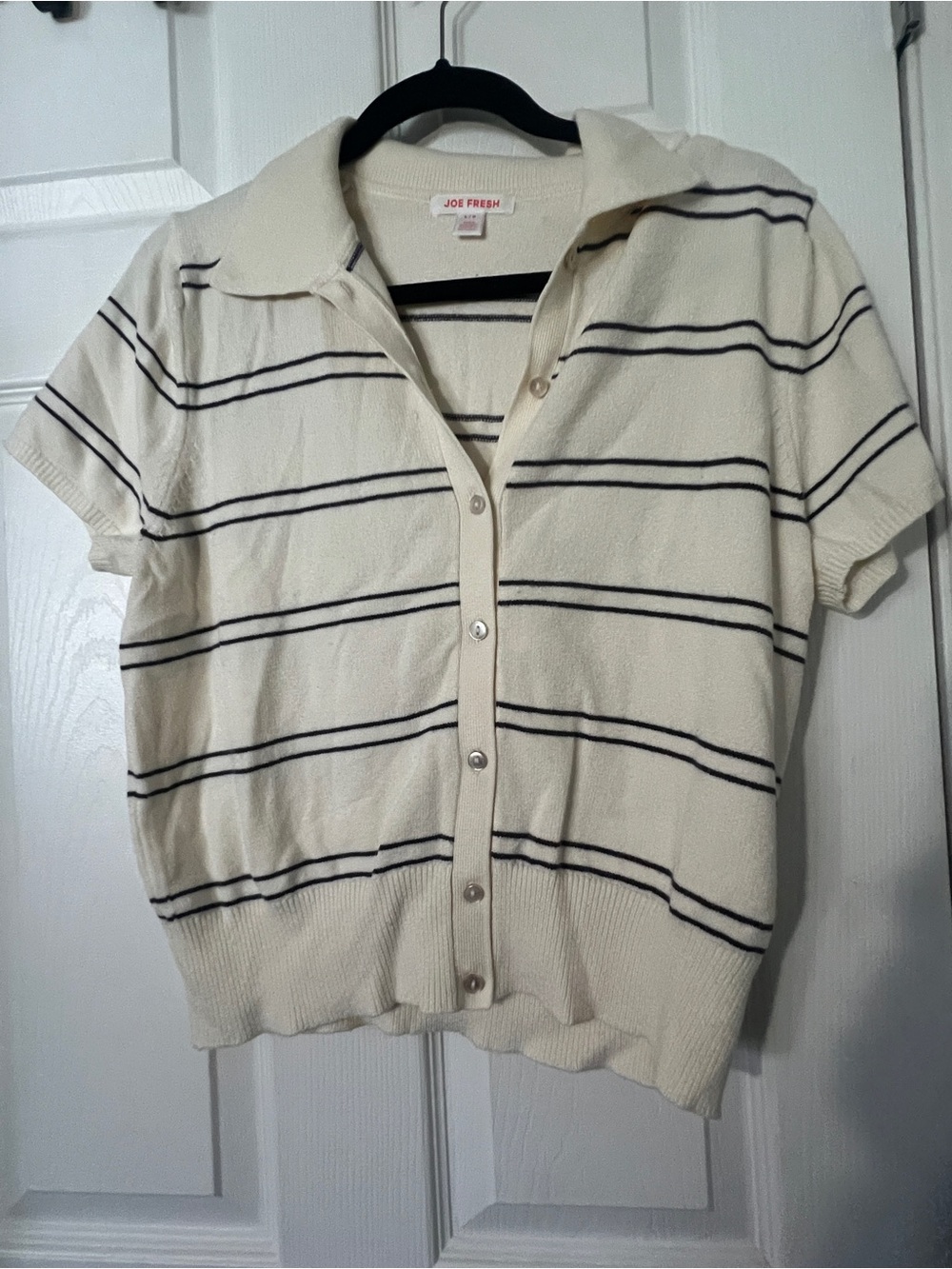 Joe Fresh Cream Short-Sleeve Button-Front Polo with Navy Stripes